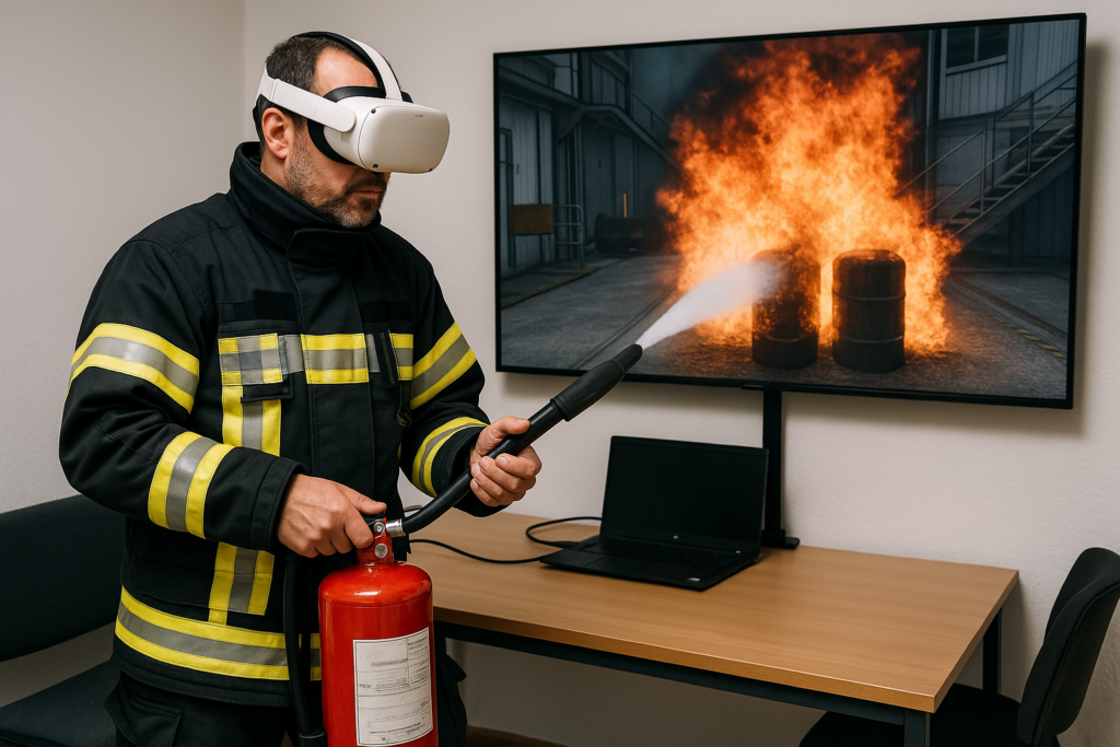 Feuerwehrtrainer demonstriert Brandschutzschulung mit VR-Brille und Feuerlöschübung vor Monitor